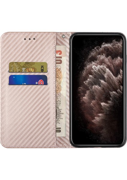 Çok Yönlü Koruma Flip Manyetik Otomatik Emici Karbon Fiber Doku Standı Cüzdanı Pu Deri Kasa Kapak Xiaomi Mi Için El Kayışı ile 11 Pro-Rose Altın (Yurt Dışından)