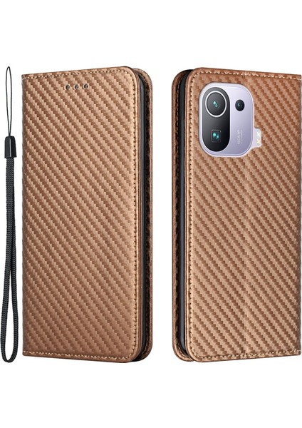 Çok Yönlü Koruma Flip Manyetik Otomatik Emici Karbon Fiber Doku Standı Cüzdanı Pu Deri Kasa Kapak Xiaomi Mi 11 Pro-Kahverengi Için El Kayışı ile (Yurt Dışından)