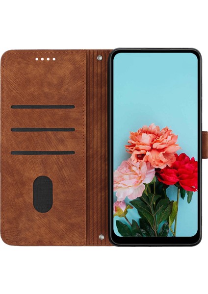 Xiaomi 11T Pro 5G/11T 5g Cilt Touch Deri Cüzdan Tam Koruma Kabuk Çizgileri Dışarı Flip Stand Telefon Kılıfı Kahverengi (Yurt Dışından)