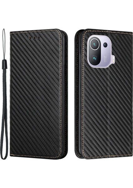 Çok Yönlü Koruma Flip Manyetik Otomatik Emici Karbon Fiber Doku Standı Cüzdanı Pu Deri Kasa Kapak El Kayışı ile Xiaomi Mi 11 Pro-Black (Yurt Dışından)