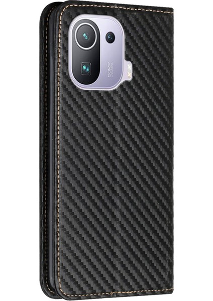 Çok Yönlü Koruma Flip Manyetik Otomatik Emici Karbon Fiber Doku Standı Cüzdanı Pu Deri Kasa Kapak El Kayışı ile Xiaomi Mi 11 Pro-Black (Yurt Dışından)