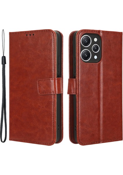 Xiaomi Redmi Için 12 4g/12 5g/not 12R 5g/poco M6 Pro 5g Telefon Kılıf Çılgın At Dokusu Pu Deri Folio Flip Stand Cüzdan Kapak Kahverengi (Yurt Dışından)