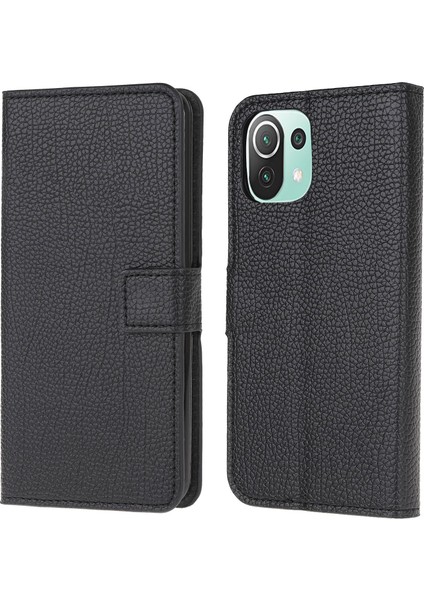 Litchi Doku Cüzdan Stand Deri Koruma Kılıfı Xiaomi Mi 11 Lite 5g/4g // 11 Lite 5g Ne-Black (Yurt Dışından)