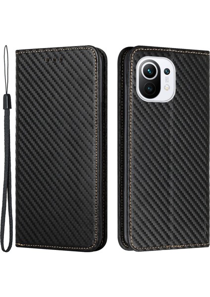 Flip Tasarım Manyetik Otomatik Absorbed Karbon Fiber Doku Stand Cüzdanı Pu Deri Kılıf Kapağı Xiaomi Mi 11 Lite 4g/5g/11 Lite 5g Ne-Black (Yurt Dışından)