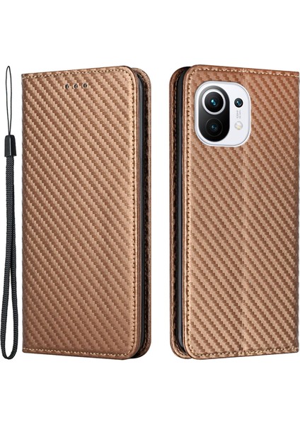 Flip Tasarım Manyetik Otomatik Absorlanmış Karbon Fiber Doku Stand Stand Pu Deri Kılıf Kapağı, Xiaomi Mi 11 Lite 4g/5g/11 Lite 5g Ne-Brown (Yurt Dışından)