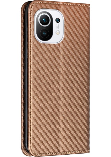 Flip Tasarım Manyetik Otomatik Absorlanmış Karbon Fiber Doku Stand Stand Pu Deri Kılıf Kapağı, Xiaomi Mi 11 Lite 4g/5g/11 Lite 5g Ne-Brown (Yurt Dışından)