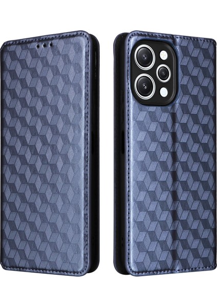 Xiaomi Redmi Için Flip Stand Telefon Kılıfı 12 4g/12 5g/not 12R 5g/poco M6 Pro 5g Rhombus Baskılı Pu Deri Cüzdan Kapak-Mavi (Yurt Dışından)