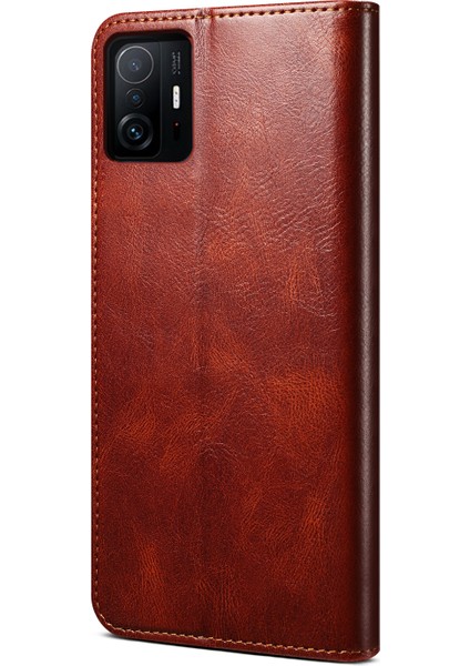 Mumsu Çılgın At Doku Iyi Korumalı Şık Cüzdan Stand Tasarım Manyetik Otomatik Absorbed Pu Deri Telefon Kılıfı Xiaomi 11T Pro-Brown (Yurt Dışından)