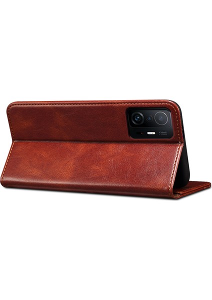 Mumsu Çılgın At Doku Iyi Korumalı Şık Cüzdan Stand Tasarım Manyetik Otomatik Absorbed Pu Deri Telefon Kılıfı Xiaomi 11T Pro-Brown (Yurt Dışından)