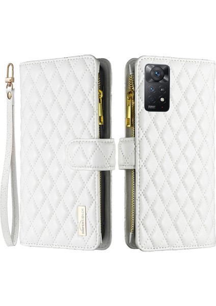 Xiaomi Redmi Için Note 12 Pro 4g/11 Pro 4g (Mediatek)/note 11 Pro 5g (Qualcomm) Zipper Cep Tasarımı Stand Cüzdan-Beyaz ile Basılmış Eşkenar Eşakta (Yurt Dışından)