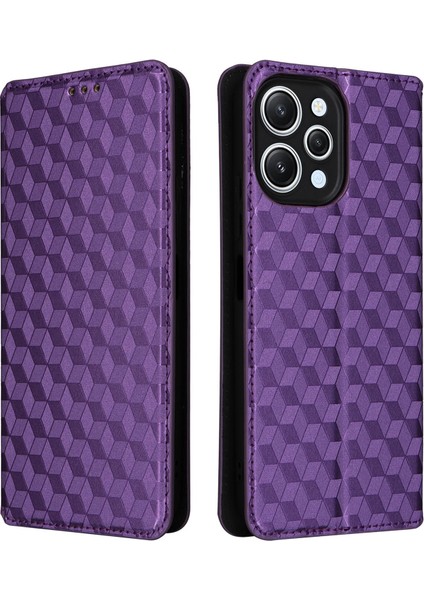 Xiaomi Redmi Için Flip Stand Telefon Kılıfı 12 4g/12 5g/not 12R 5g/poco M6 Pro 5g Rhombus Baskılı Pu Deri Cüzdan Kapak-Mor (Yurt Dışından)