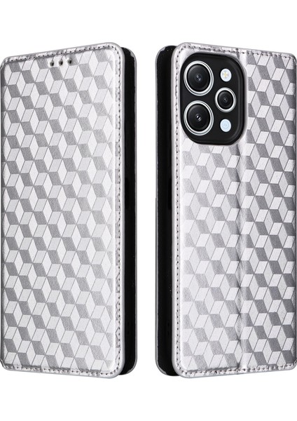 Xiaomi Redmi Için Flip Stand Telefon Kılıfı 12 4g/12 5g/not 12R 5g/poco M6 Pro 5g Rhombus Baskılı Pu Deri Cüzdan Kapak Silver (Yurt Dışından)