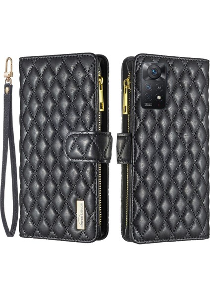 Xiaomi Redmi Için Note 12 Pro 4g/11 Pro 4g (Mediatek)/note 11 Pro 5g (Qualcomm) Zipper Cep Tasarımı Baskılı Rhombus Desen Mat Pu Deri Deri Anti Çizelge Kılıf Stand Cüzdan Black (Yurt Dışından)