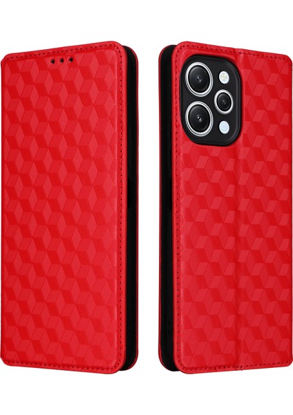 Xiaomi Redmi Için Flip Stand Telefon Kılıfı 12 4g/12 5g/not 12R 5g/poco M6 Pro 5g Rhombus Baskılı Pu Deri Cüzdan Kapak-Kırmızı (Yurt Dışından)