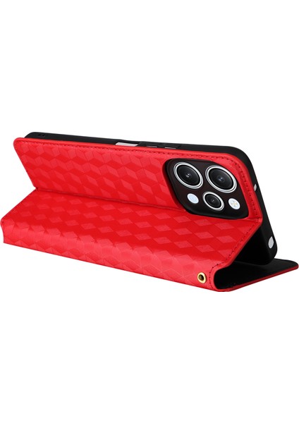 Xiaomi Redmi Için Flip Stand Telefon Kılıfı 12 4g/12 5g/not 12R 5g/poco M6 Pro 5g Rhombus Baskılı Pu Deri Cüzdan Kapak-Kırmızı (Yurt Dışından) fırsatları