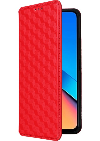 Xiaomi Redmi Için Flip Stand Telefon Kılıfı 12 4g/12 5g/not 12R 5g/poco M6 Pro 5g Rhombus Baskılı Pu Deri Cüzdan Kapak-Kırmızı (Yurt Dışından) indirimleri