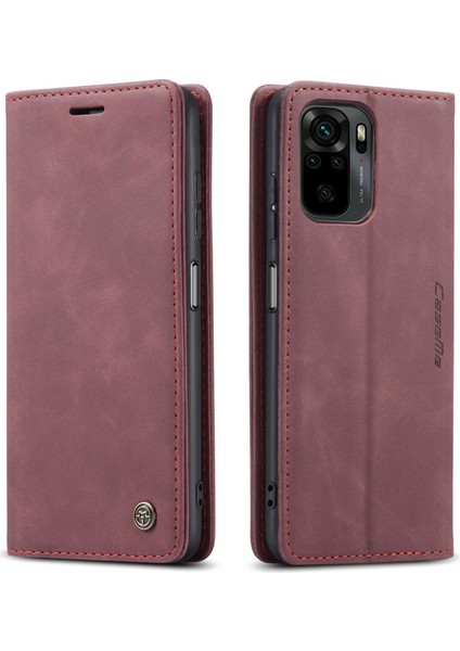 Basit Tasarım Otomatik Varma Deri Cüzdan Stand Standı Kılıfı Xiaomi Redmi Not 10 4g/not 10S/POCO M5S 4g-Kırmızı (Yurt Dışından)