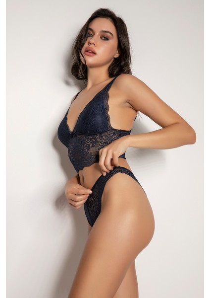 Lacivert Destekli V Yaka Dantelli Büstiyer Takımı 5567 modelleri