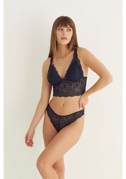 Lacivert Destekli V Yaka Dantelli Büstiyer Takımı 5567 fırsatları