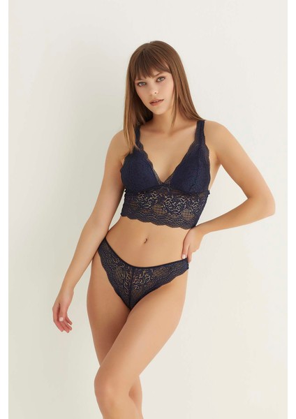 Lacivert Destekli V Yaka Dantelli Büstiyer Takımı 5567 indirimleri