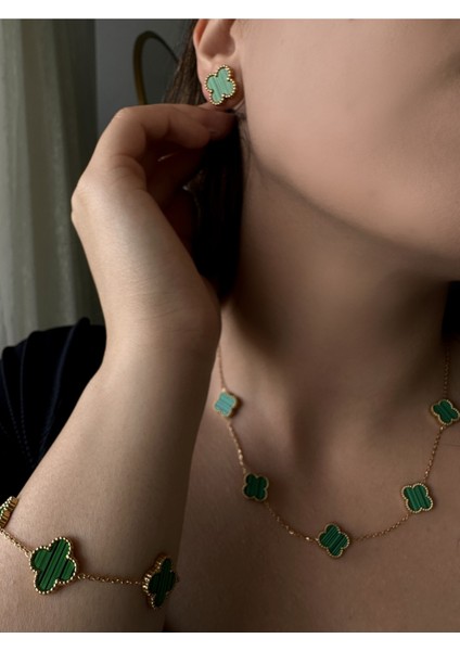 Inure Jewelry Glare Yeşil Yonca Van Cleef Model Üçlü Takı Seti