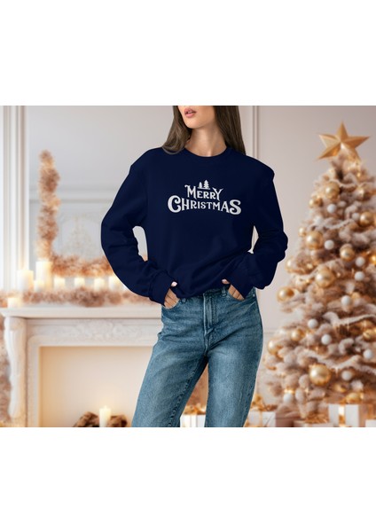 Kadın Lacivert Oversıze Içi Merry Chrıstmas Yazılı Sweatshırt