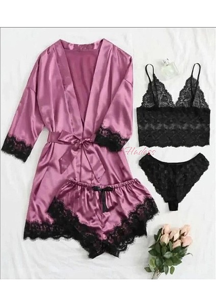 Kadın Pembe Saten-Dantel 4 Lü Pijama Seti 1062 fiyatları