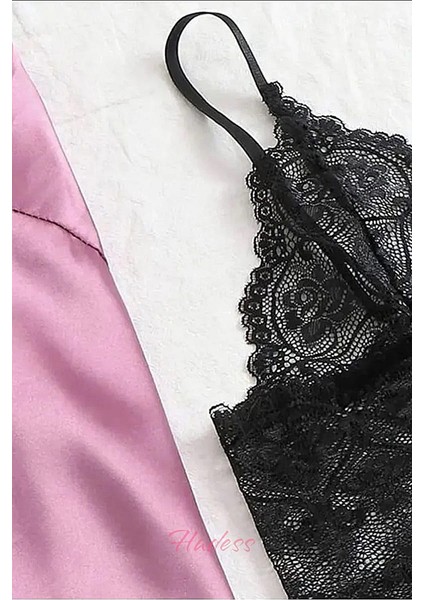 Kadın Pembe Saten-Dantel 4 Lü Pijama Seti 1062 modelleri
