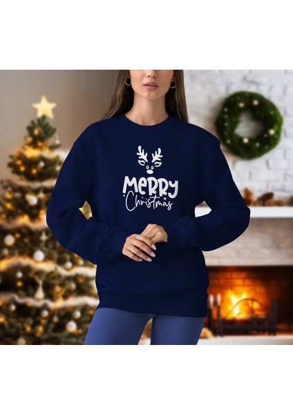 Kadın Lacivert Oversıze Içi Geyik Temalı Merry Chrıstmas Yazılı Sweatshırt