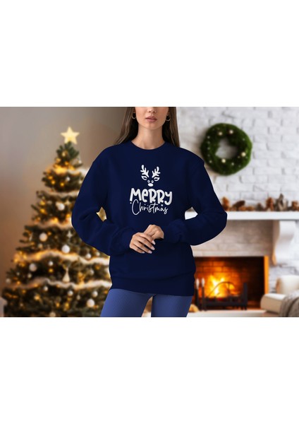 Kadın Lacivert Oversıze Içi Geyik Temalı Merry Chrıstmas Yazılı Sweatshırt