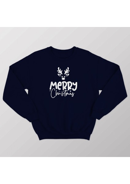 Kadın Lacivert Oversıze Içi Geyik Temalı Merry Chrıstmas Yazılı Sweatshırt