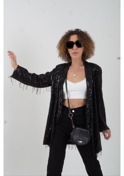 Siyah Püsküllü Pul Payet Ceket