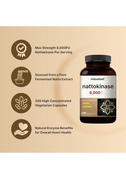 Nattokinase 400 mg 8000 Fu Naturel Enzyme From Natto Extract 240 Kapsül Büyük Boy