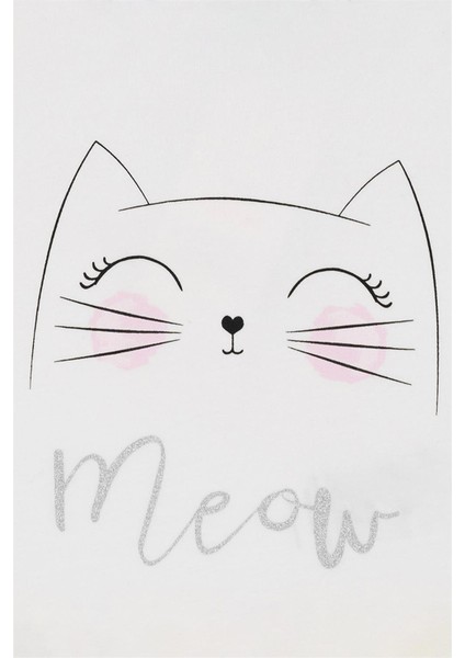 Kız Bebek Beyaz Kedi Detaylı Meow Yazılı Yazlık Tişört modelleri