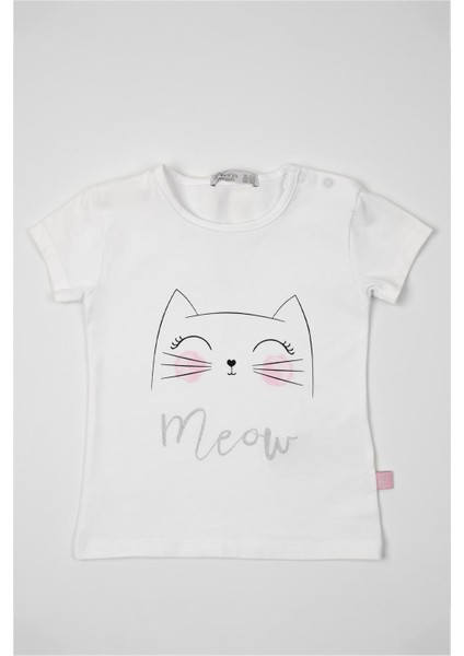 Kız Bebek Beyaz Kedi Detaylı Meow Yazılı Yazlık Tişört fırsatları
