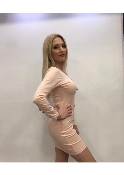 Uzun Kollu Pudra Düğme Detaylı Mini Elbise fiyatları