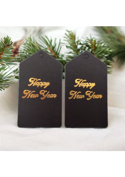 Roco Paper Co. Roco Paper Yeniyıl Yılbaşı Isim Sallantı Etiketi Siyah Altın Varaklı Happy New Year 50LI 4,5*7,5cm