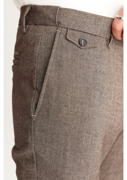 ALTINYILDIZ CLASSICS Erkek Kahverengi Slim Fit Dar Kesim Yan Cepli Tweet Desenli Beli Lastikli Klasik Kumaş Pantolon