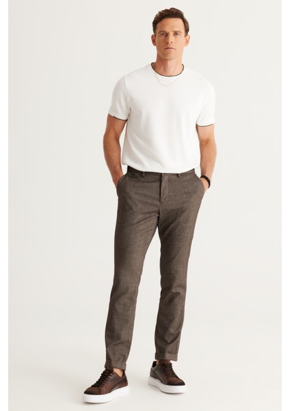 ALTINYILDIZ CLASSICS Erkek Kahverengi Slim Fit Dar Kesim Yan Cepli Tweet Desenli Beli Lastikli Klasik Kumaş Pantolon