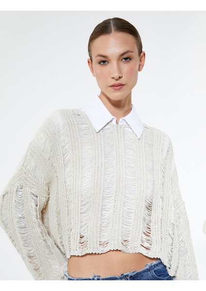 Ajurlu Kazak Crop Örgü Bisiklet Yaka Rahat Kesim Kaşmir Dokulu fiyatları