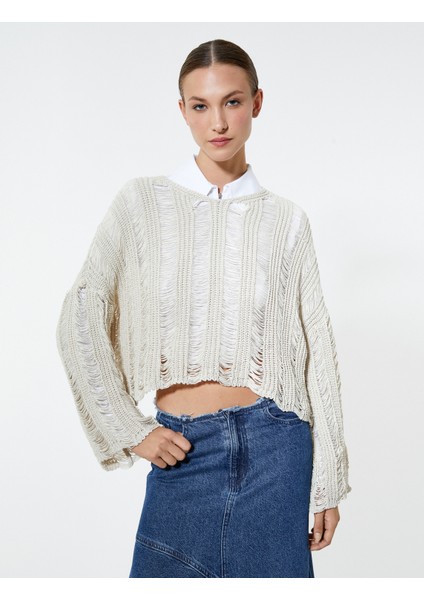 Ajurlu Kazak Crop Örgü Bisiklet Yaka Rahat Kesim Kaşmir Dokulu modelleri