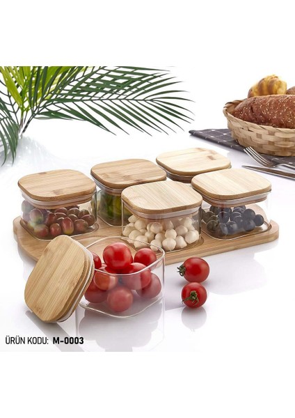 Bambu Tepsili Kahvaltılık Bambu Kapaklı Hava Almaz Ince Cam 6lı