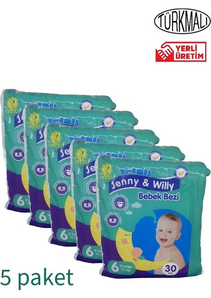 Jenny & Willy Bebek Bezi x Large (6 Numara ) 17+ kg 5’li Paket 150 Adet