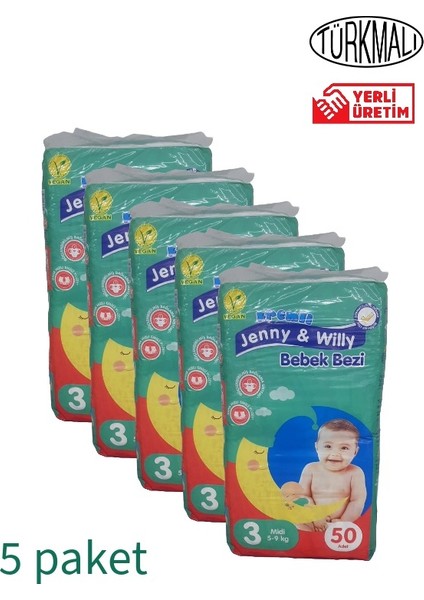 Jenny & Willy Bebek Bezi Midi (3 Numara) 5-9 kg 5’li Paket 150 Adet