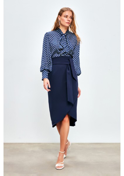 Kuşaklı Kalem Etek - Lacivert