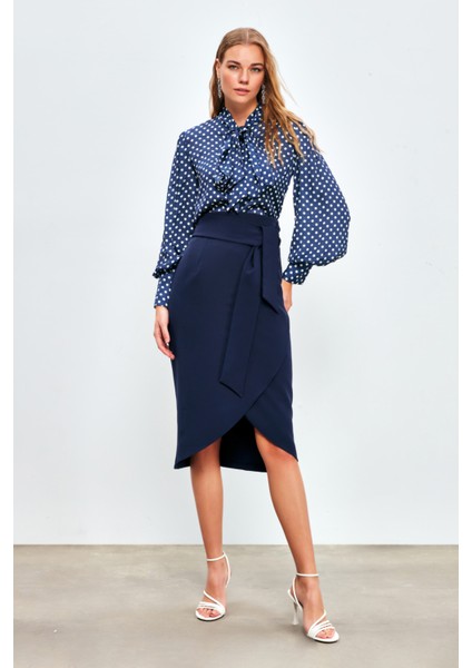 Kuşaklı Kalem Etek - Lacivert modelleri