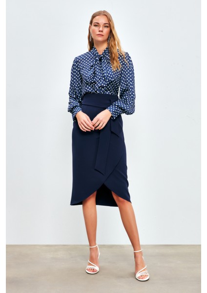 Kuşaklı Kalem Etek - Lacivert fırsatları