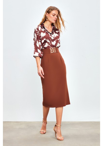 Aksesuar Detaylı Kalem Etek - Kahve