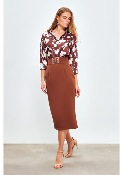 Aksesuar Detaylı Kalem Etek - Kahve modelleri