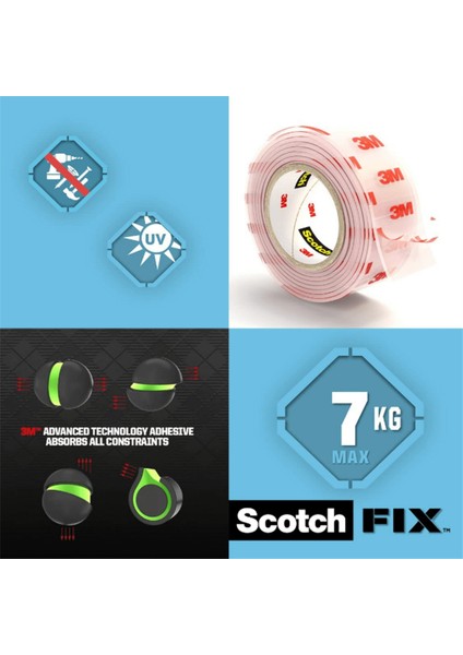 ™ Scotch-Fix™ Montaj Bandı - 4910C-1915-P, Şeffaf - Max 7 kg (19mm x 5m)